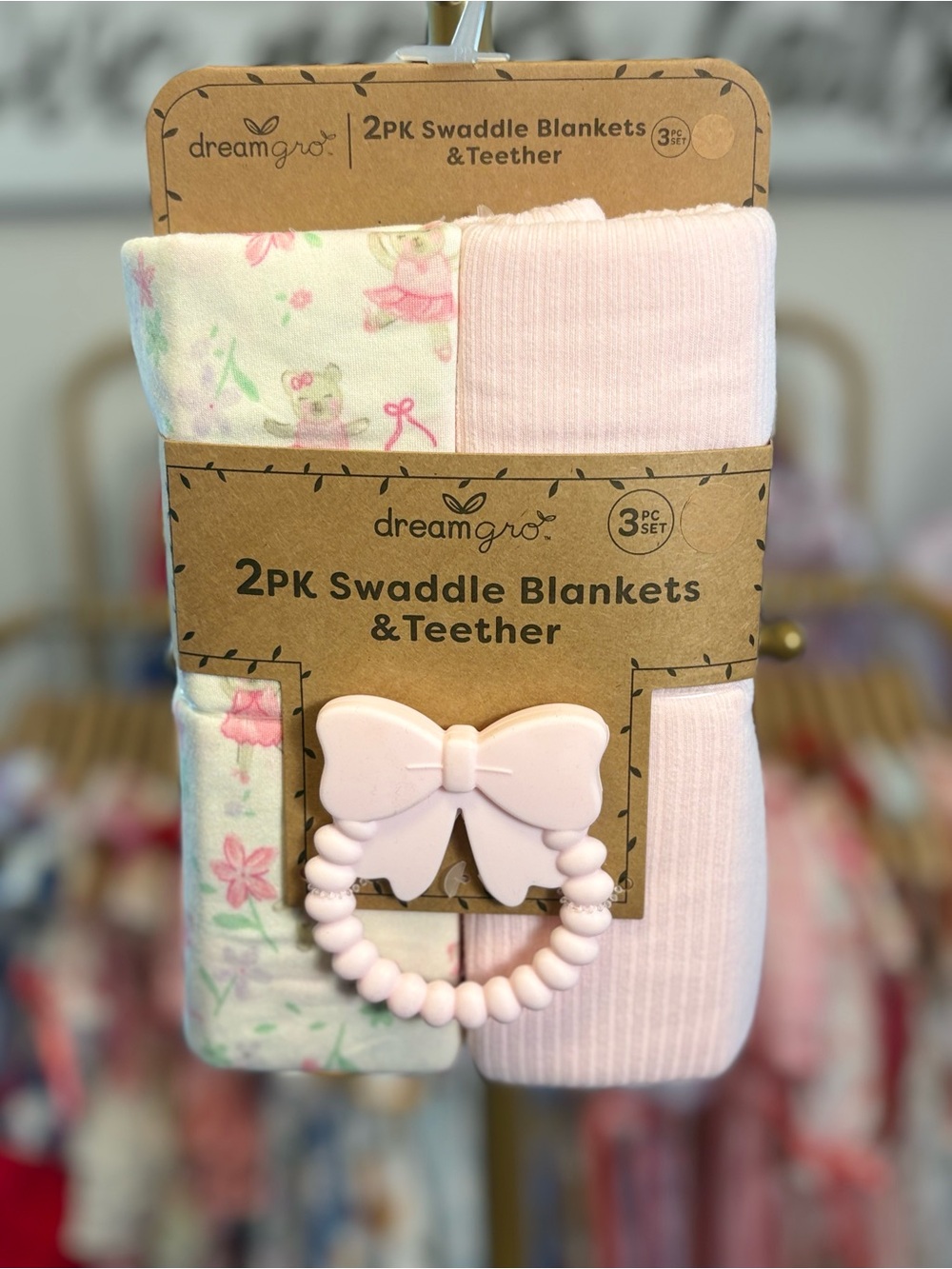 Pink Baby Swaddle Set with Bow Teether - 3PC